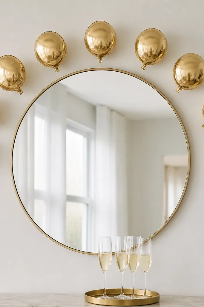 A mirror with a thin line of gold foil balloons partially behind it, forming a gentle curve around the top half. The balloons are spaced evenly and held by a clear fishing line. A small gold tray with champagne flutes sits beneath.