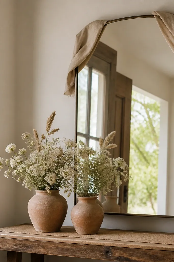 A mirror with a simple linen wrap at the top corners only. Beneath the mirror are two terracotta clay pots filled with cream wildflower stems and a few dried grasses. The entry table is rustic wood and there's a tan runner.