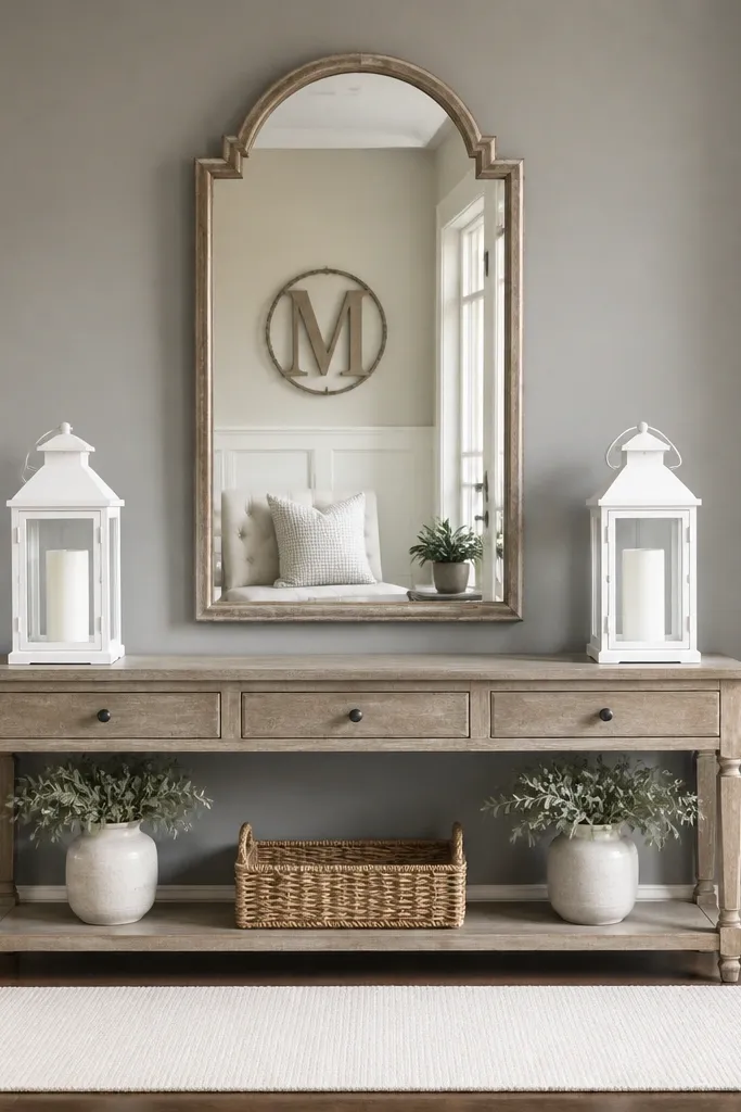 A mirror with a removable monogram initial sign placed behind it, visible through the mirror reflection. Two white lanterns sit symmetrically on the entry table beneath. The floor is covered with a white runner and the wall is gray.