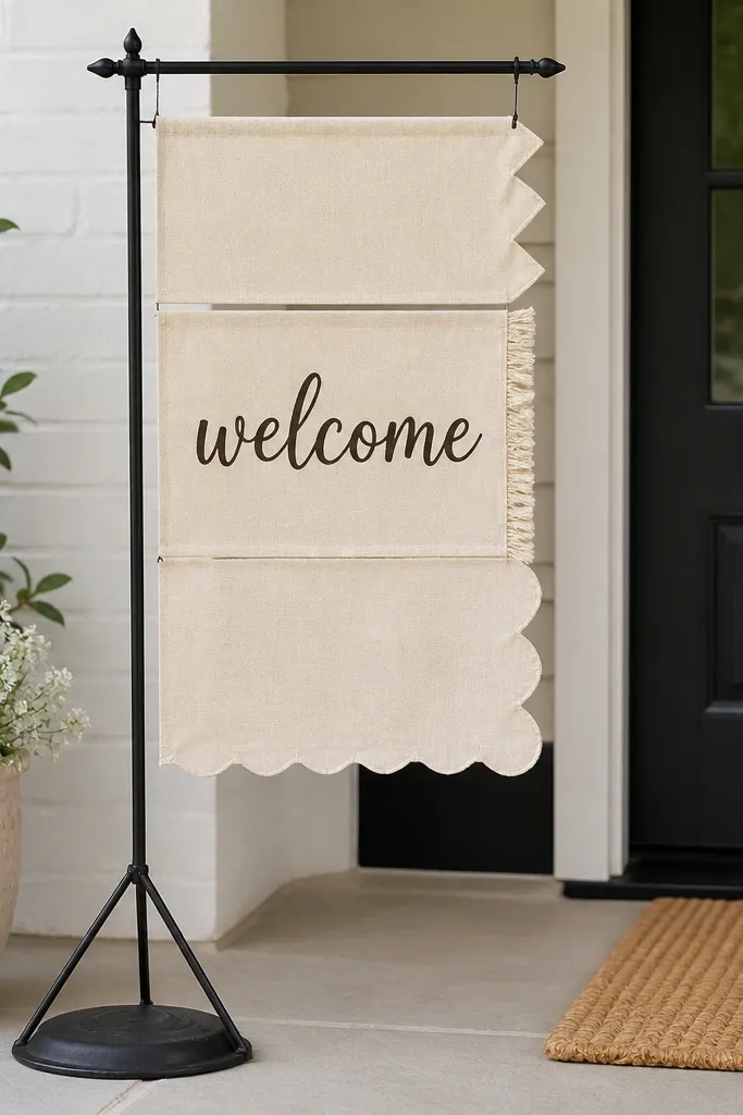 A cream linen banner made from three stacked strips, each with a different ribbon edge finish, hangs from a black weighted tripod stand near a front door. The welcome text is heat-transfer vinyl in dark espresso, centered on the middle strip.