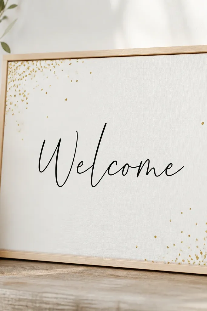 A rectangular canvas stretcher frame in natural wood holds a white fabric panel. The printed fabric panel shows a simple welcome heading in black, and small gold flecks sit in the corners like confetti.