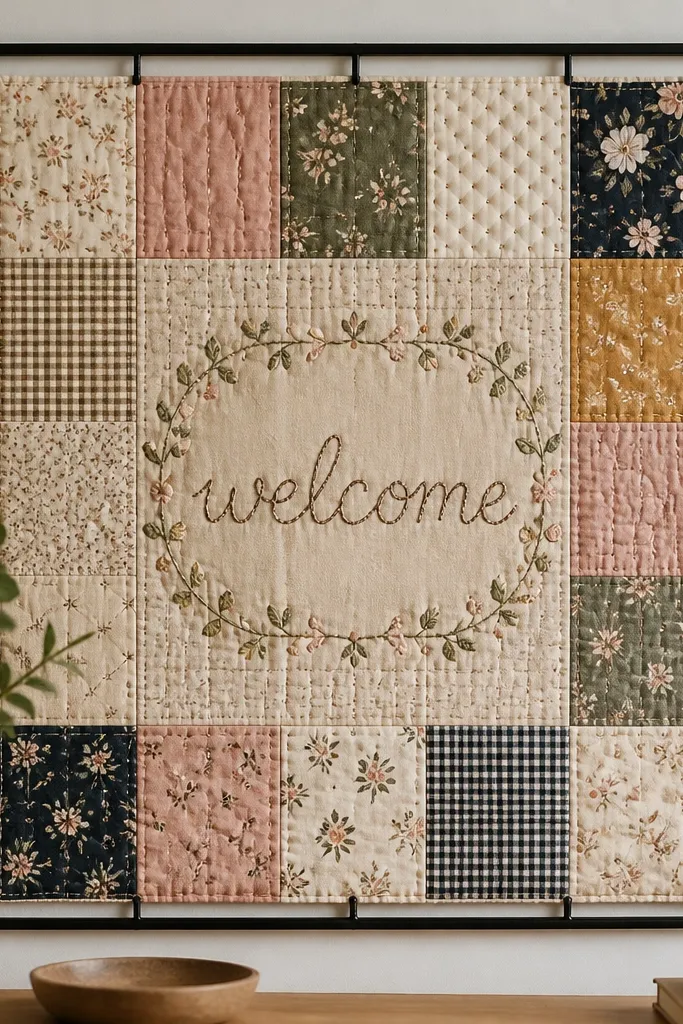 A square quilt-style fabric patchwork is mounted inside a simple black metal frame. A welcome message appears in a stitched script font, and the edges are held with small clothespins-like clips around the back.