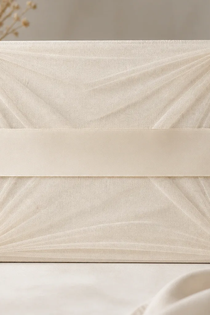 A foam board rectangle is covered with pale ivory tulle. The welcome text sits on a satin ribbon across the middle, and the tulle is secured at the corners with removable snap clips.
