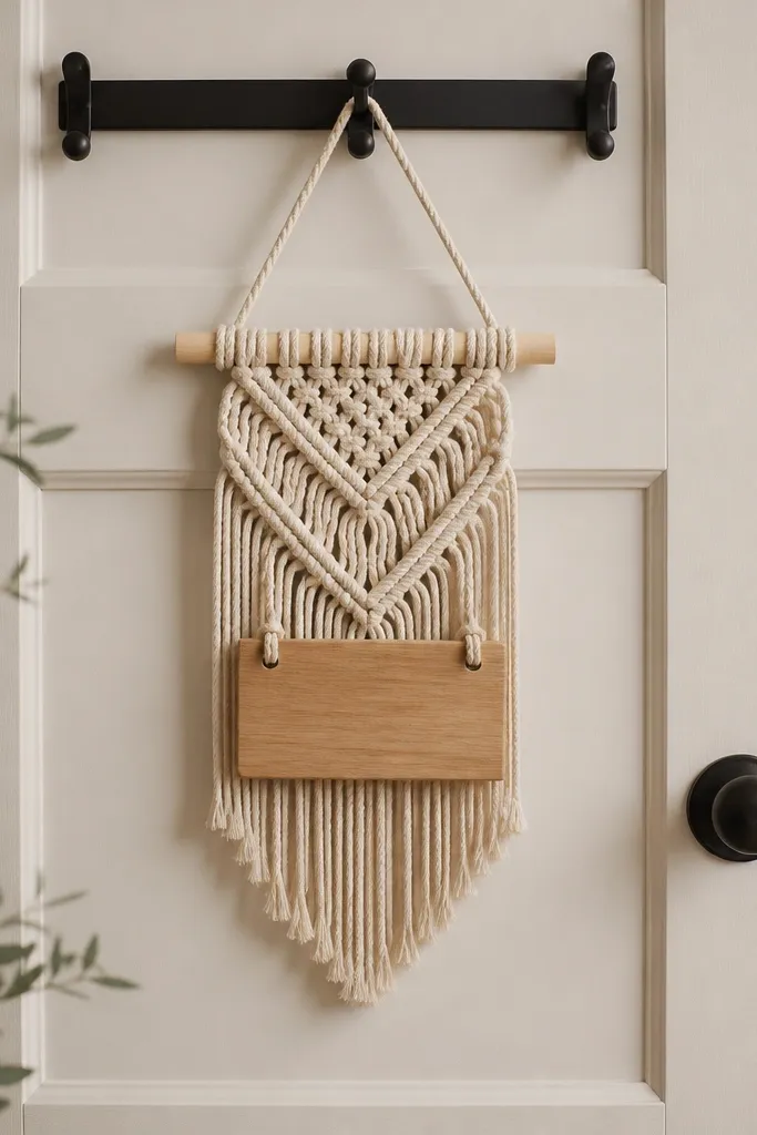 A macrame panel with a small wood dowel at the top hangs from a simple metal hook rail on a door. The welcome text is a small wooden plaque attached with twine knots.