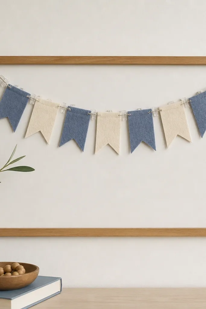 A series of small felt pennants in dusty blue and cream spell "WELCOME" across a rectangular frame. The pennants are clipped on using clear plastic snap clips so the felt can be removed.