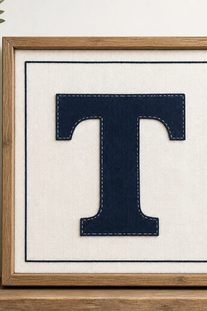 A white cotton sign panel with a thin navy border sits inside a simple wooden frame. Individual fabric letters in navy are mounted on top, with visible stitching around each letter.