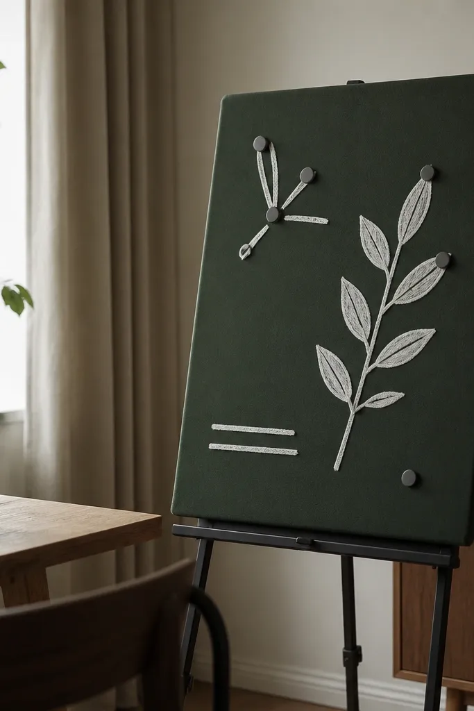 A dark green fabric panel with a chalkboard-like matte finish is mounted on a foldable easel. White lettering looks like chalk, and small magnets hold the words in place.