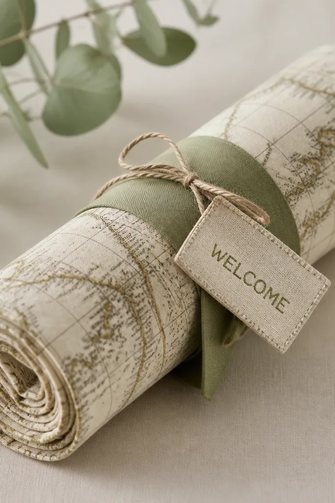 A long fabric scroll with a vintage map print is rolled up and tied with a wide ribbon belly band. A small fabric tag reads "WELCOME" in stitched letters.