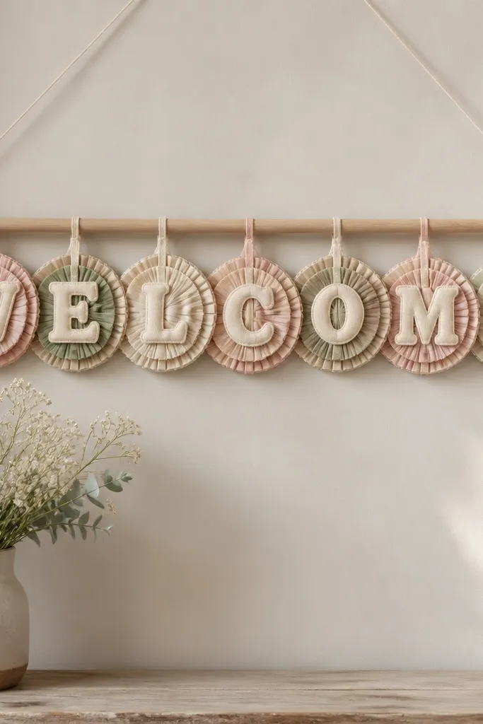 A light wood dowel holds a layered fabric rosette garland. The rosettes spell "WELCOME" with each letter built from two or three fabric layers in blush, sage, and cream.