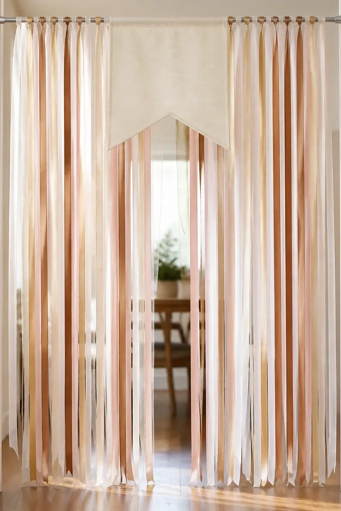 A welcome message sits on a small banner at the top of a curtain made from narrow satin and organza ribbons. The curtain hangs from a tension rod across a doorway, with no visible wall mounting.