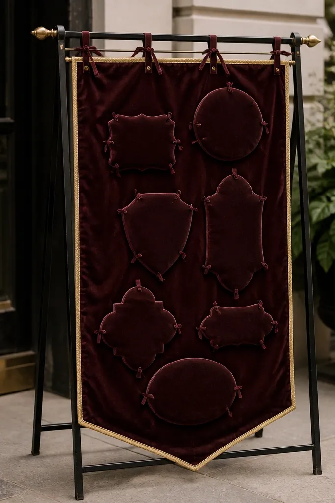 A dark burgundy velvet banner hangs from a folding sign stand. Individual velvet letter shapes are attached with small fabric ties, and the edges are finished with a thin gold trim.