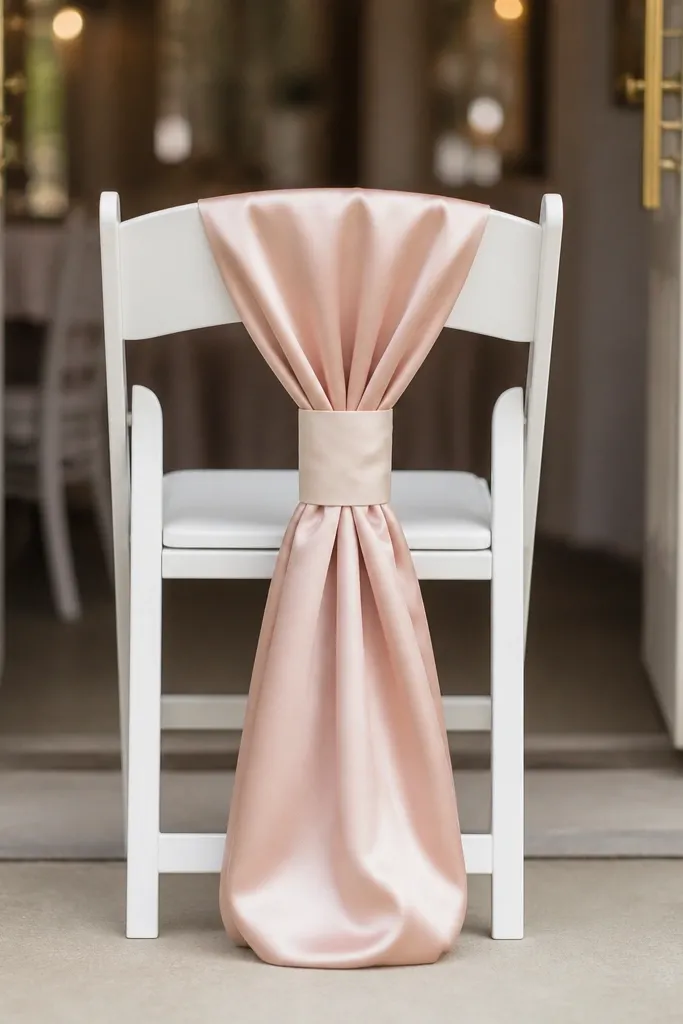 A satin runner in blush is tied around the back of a folding chair. A welcome message is printed on a small fabric band at the center, and the chair sits at the entrance.