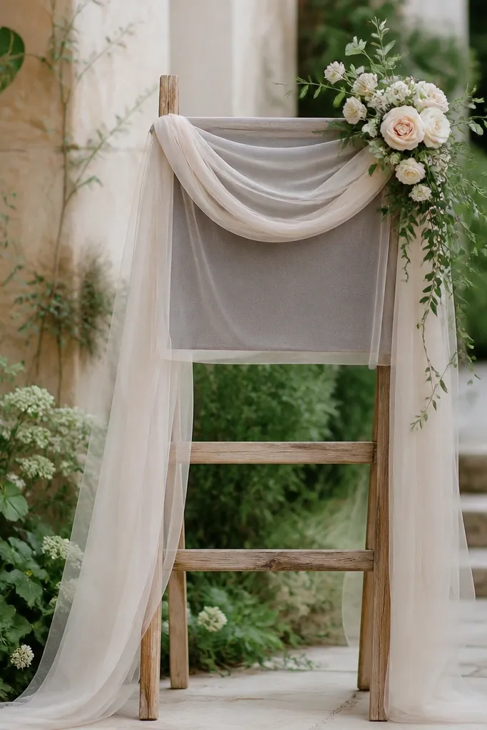 A small wooden ladder holds a translucent chiffon overlay banner on the top rung. The welcome text appears on a darker underlayer, with chiffon draped over it like a veil.