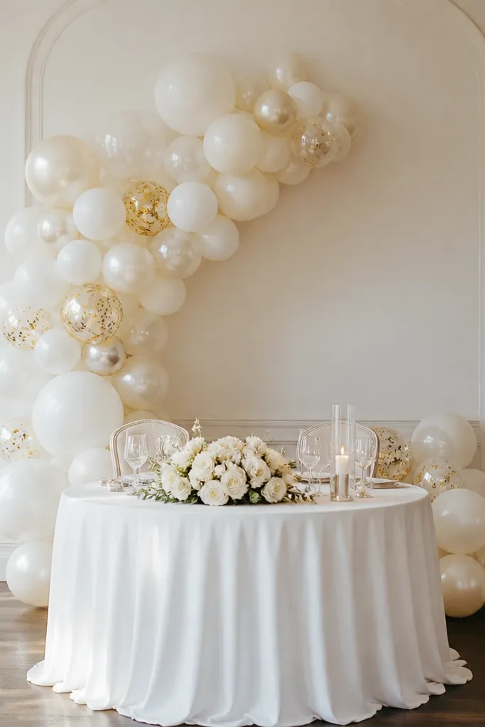 A round sweetheart table with white linens. Behind it, a balloon garland in white and soft ivory arcs upward, with a few pearl-like balloon accents and scattered gold confetti balloons.