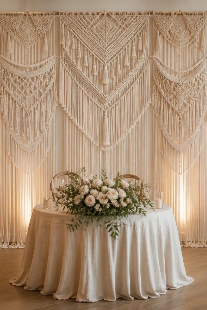 A backdrop behind a round sweetheart table made of layered macramé panels in cream. Long fringe hangs down, and warm white uplights cast a soft glow on the floor and lower wall.