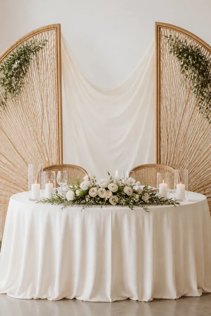 Behind a round sweetheart table, two tall rattan half-moon panels sit like wings. Sheer ivory fabric is draped between them, and small greenery sprigs hang at the top corners.