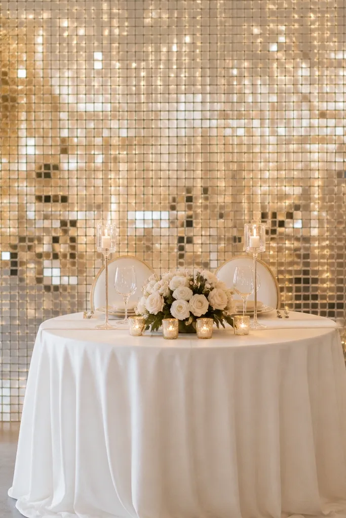 A backdrop wall behind a round sweetheart table made of small mirror tiles in a grid. Warm fairy lights are woven behind the grid, creating a soft glow and reflections.