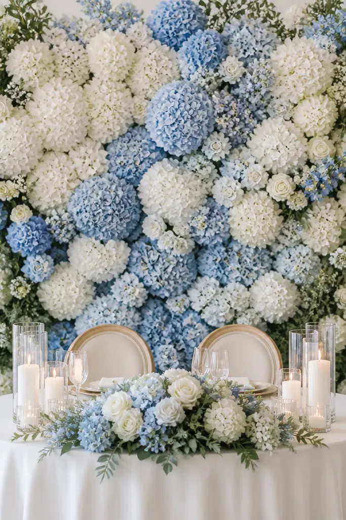 Behind a round sweetheart table, a dense wall of white and light blue silk hydrangea-like blooms. Dusty blue accents appear in the center, with subtle greenery framing the clusters.