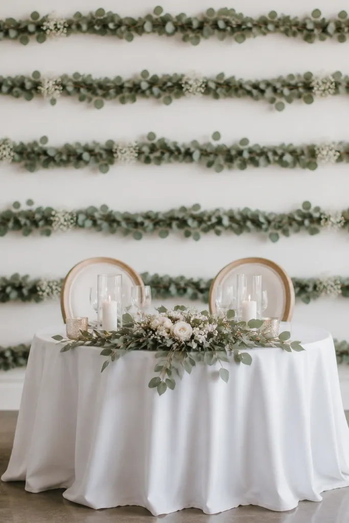 A long eucalyptus garland arranged in horizontal lines behind a round sweetheart table, forming a ladder-like pattern. Small white blossoms are tucked at intervals, and the backdrop has a clean, modern spacing.