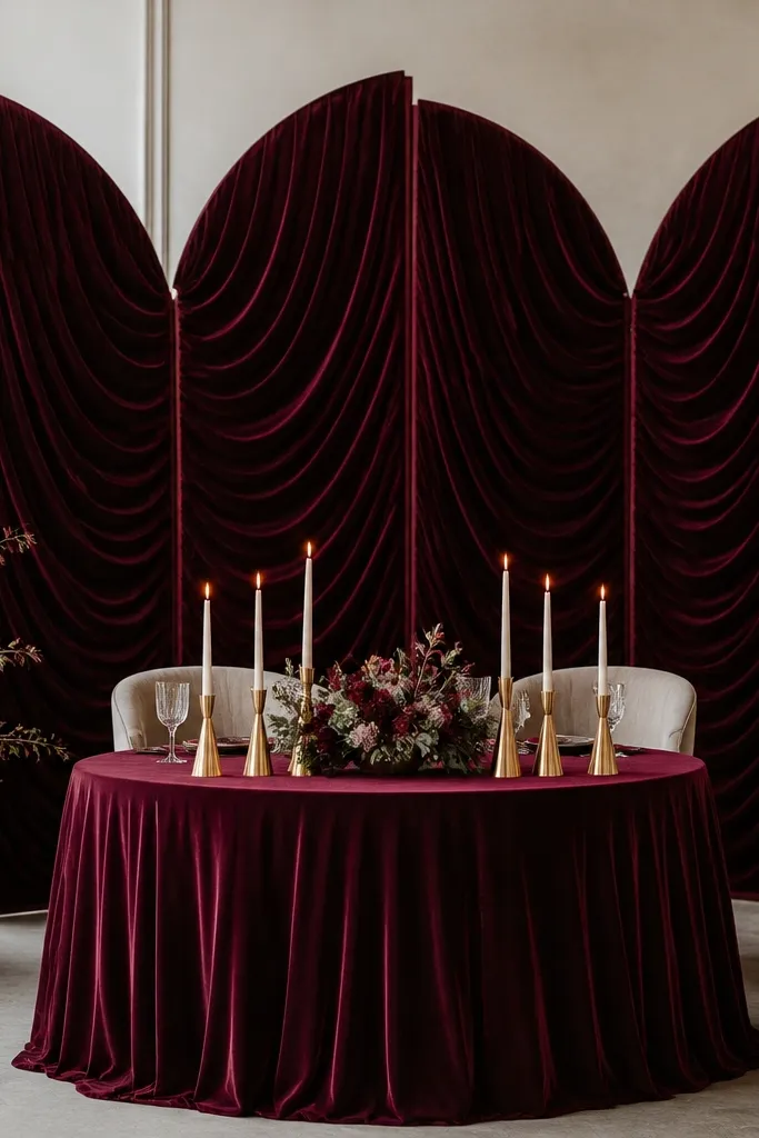 A backdrop behind a round sweetheart table made from deep wine velvet panels. The fabric is gathered into soft arcs, and gold candle cones sit on the table in front.