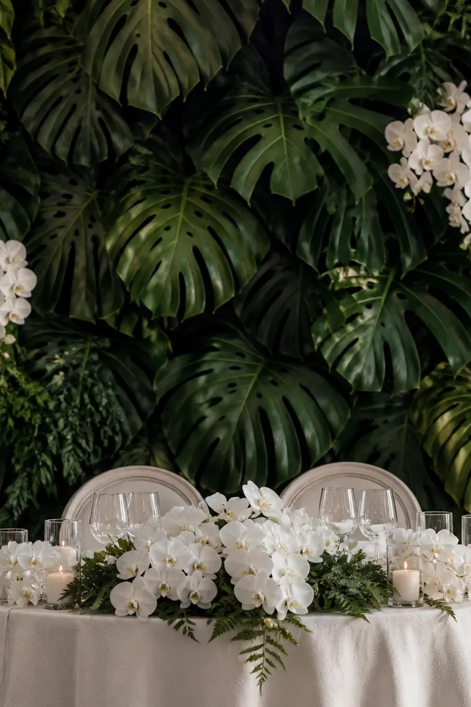 A lush wall of large monstera leaves behind a round sweetheart table, with white orchids placed at center and corners. The greenery looks layered with depth and shadows.