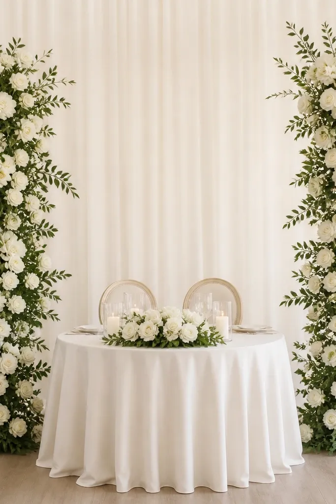 Two vertical columns of white rose and gardenia foam blooms on either side of a round sweetheart table, leaving a clear center gap. The columns have greenery edges and a small floral cluster at the top.