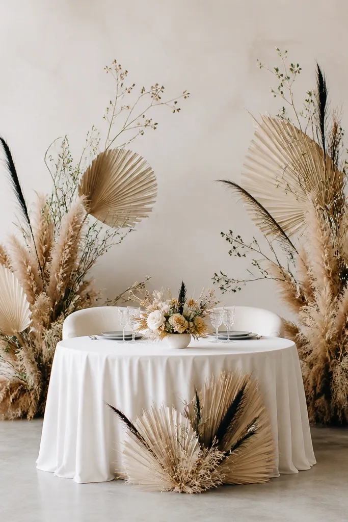 A modern backdrop behind a round sweetheart table made from sculptural pampas fans in beige, with a few black dried stems and minimal greenery. The arrangement is airy with visible negative space.