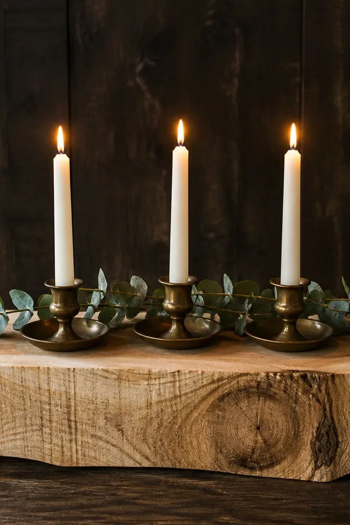 A thick raw wood slab placed horizontally. On top sit three antique brass candle cups holding taper candles, with small sprigs of eucalyptus tucked between. The slab shows visible knots and saw marks, and the candles glow warm against a dark wooden background.