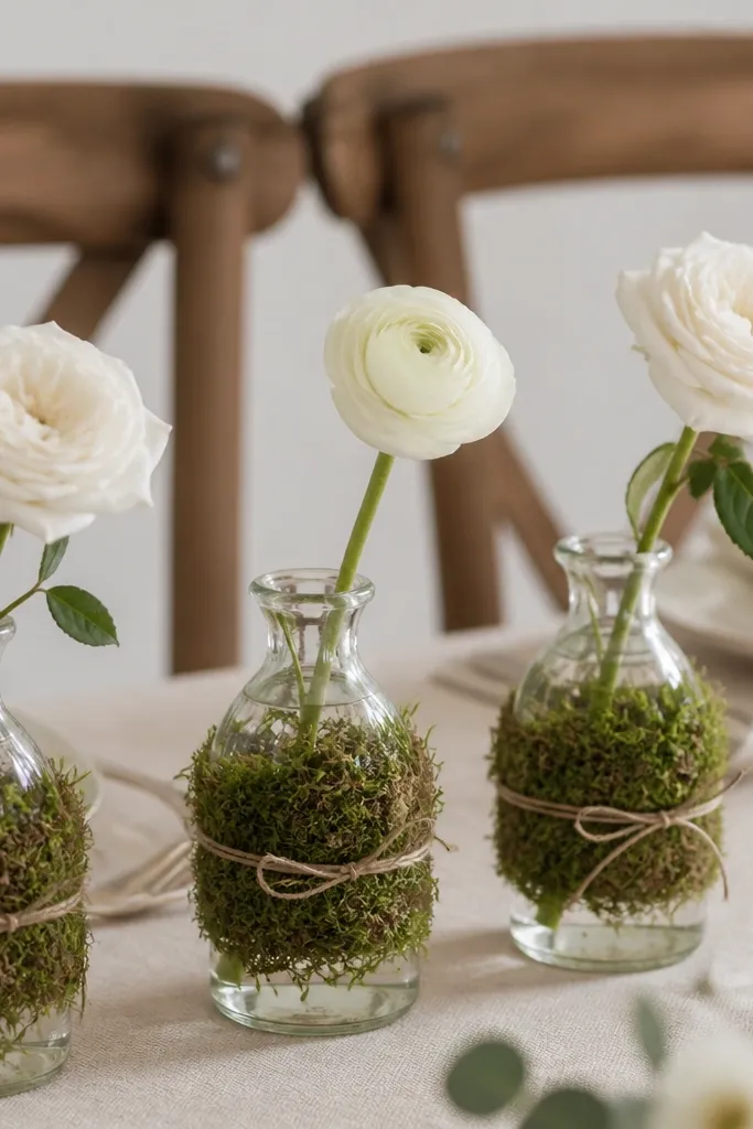 Small clear glass vases wrapped with green moss around the middle. Each vase holds one long stem - a white garden rose or a cream ranunculus - tied with twine. The background includes wooden chairs and a neutral linen tablecloth.