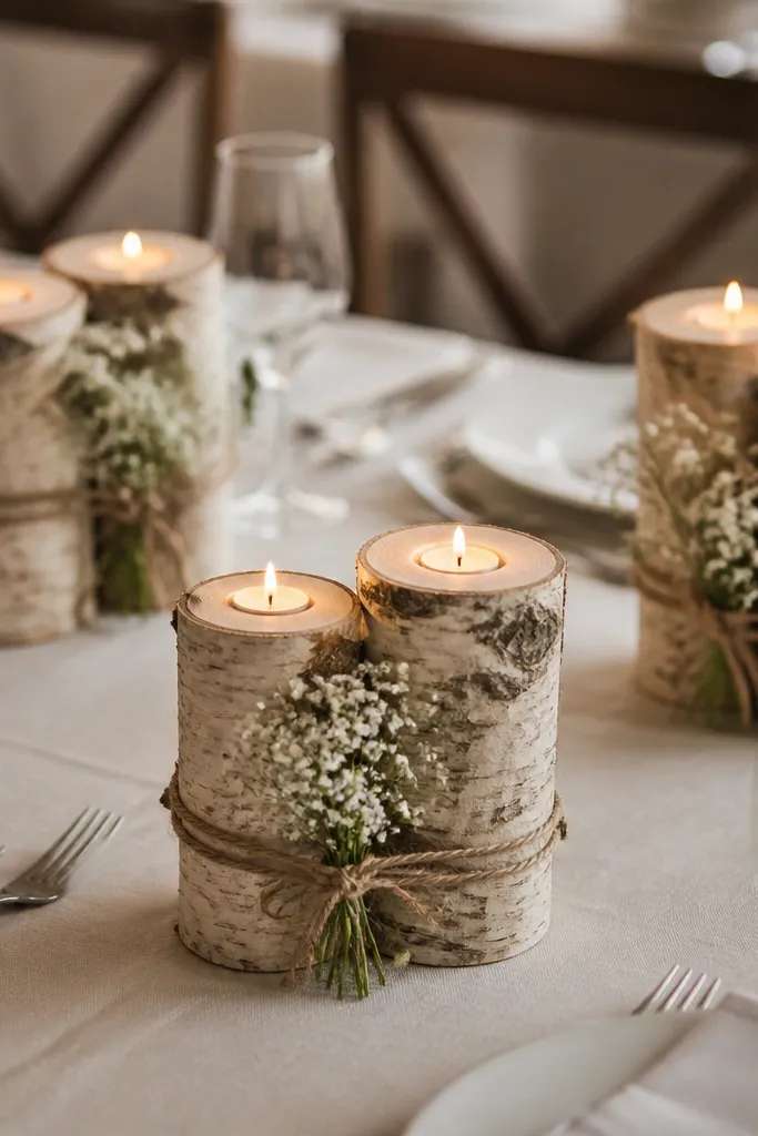 Short birch logs cut into cylinders, each holding a small votive candle in a drilled hole. The logs are grouped in sets of two or three, with tiny white wildflowers tied to a string. The table is dressed in cream linen and dark wood chairs are visible.