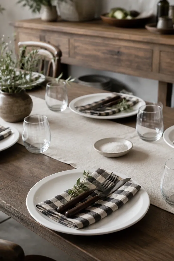 A table setting with cream and black check napkins folded into rectangles. Dark wood-handled flatware sits on white plates, with small sprigs tucked near each napkin. The table runner is oatmeal linen and the background shows a rustic buffet table.