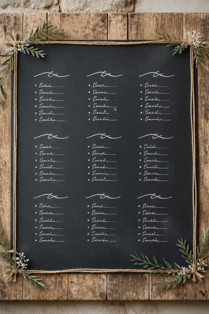 A seating chart display made from a rectangular chalkboard mounted on a rough wood backer. The wood has visible chips and texture, and the chalk writing is in white script. Small sprigs and a twine border frame the board.