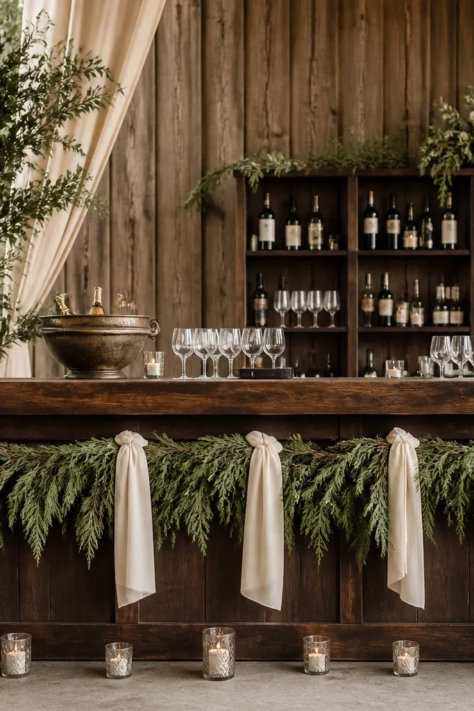 A rustic bar setup wrapped with cedar garland along the front edge. Linen sashes in cream drape over the garland at even intervals, and small votive holders line the base. The bar has a dark wood counter and a simple backdrop.