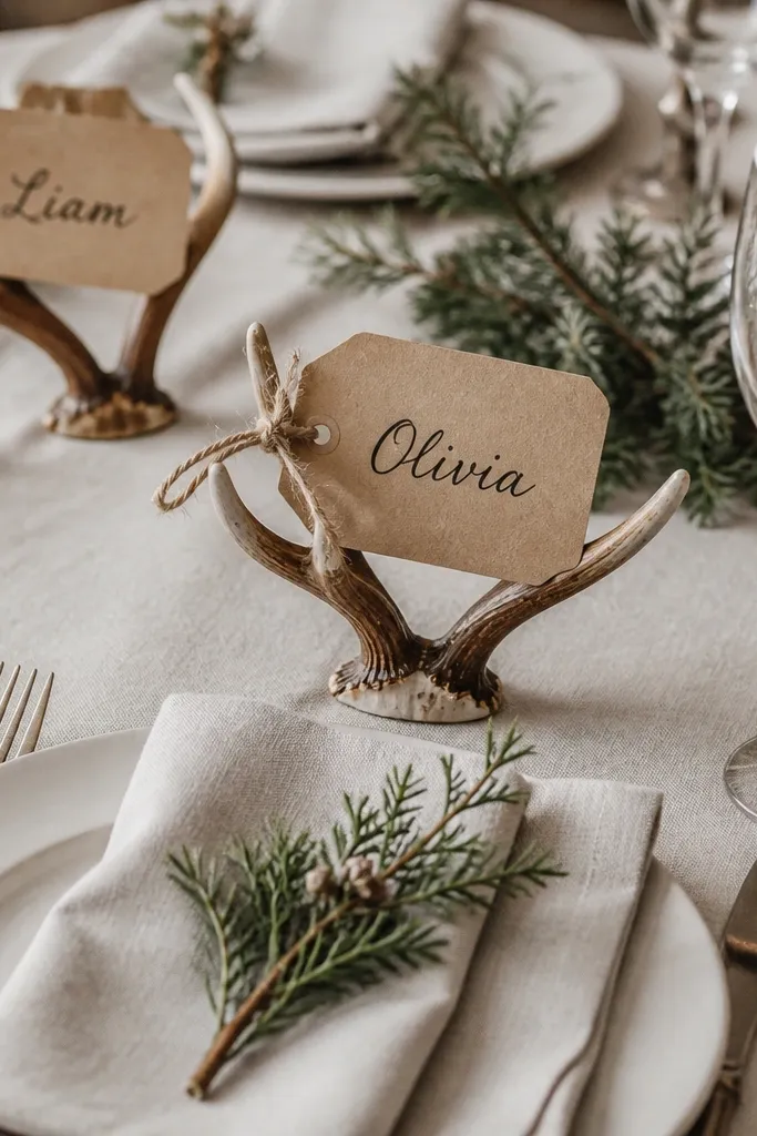 Small antler-shaped table stands holding place cards made from kraft paper tags. Each tag is tied with twine and has handwritten names in dark ink. The table has cream linens and small green sprigs between place settings.