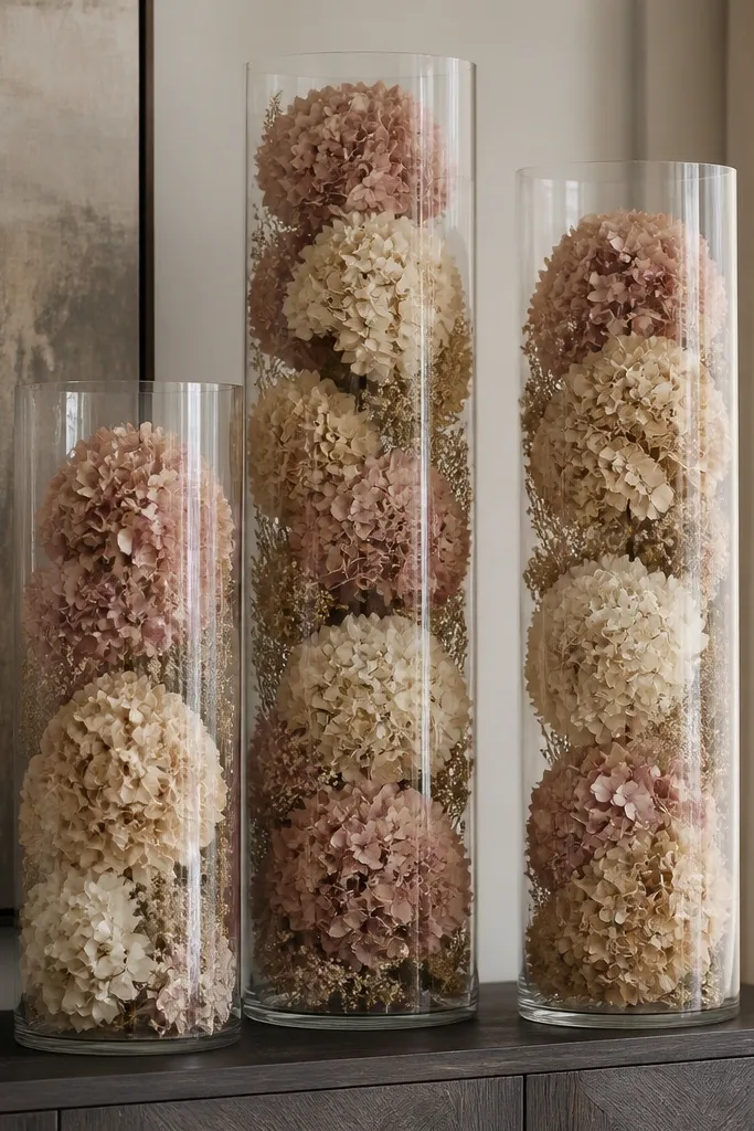 Tall clear glass cylinders filled with dried hydrangea heads in muted creams and dusty blush. The cylinders stand in a cluster of three on a dark wooden console. Small sprigs of dried greenery fill gaps between blooms.