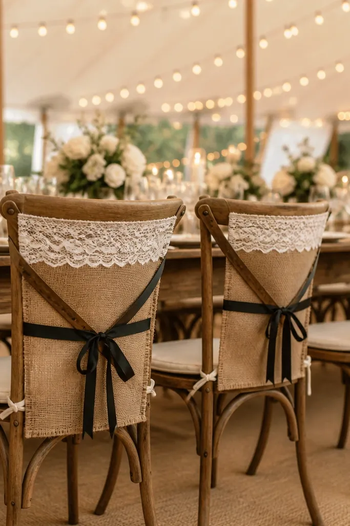 Dining chairs dressed with burlap panels on the back, topped with a strip of lace. A black ribbon ties the panel at the center, and the chairs sit under warm string lights. The floor is covered with neutral fabric.