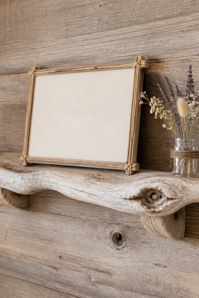 A driftwood-style shelf mounted on a wooden wall with a welcome sign on top. The sign is framed with thin twine, and small dried flowers sit in a small glass jar at one end. The shelf shows natural bends and knots.