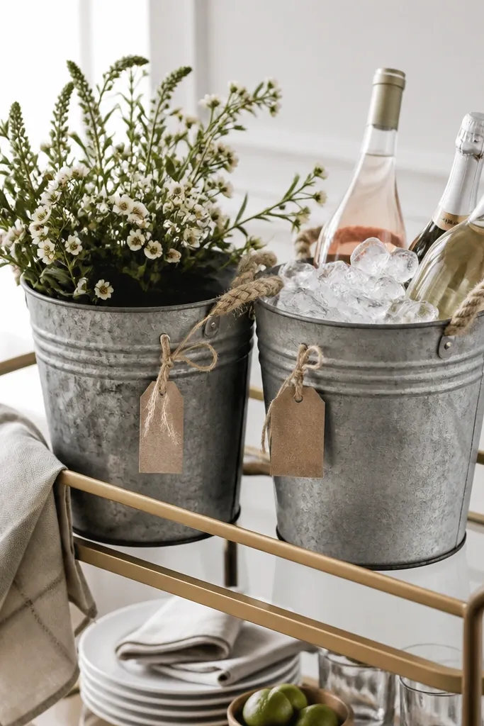 Galvanized metal buckets placed on a bar cart. One bucket holds ice with bottles, another holds small cream flowers with greenery. A rope handle detail and twine tags are visible.