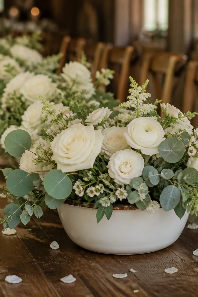 A head table centerpiece using white enamel bowls filled with cream flowers and dusty green foliage. The bowls sit on dark wood and each has a few scattered petals around. Warm lighting and wooden chairs are visible.