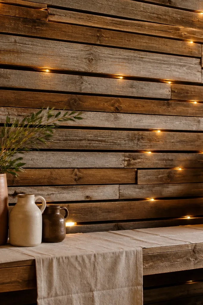 A rustic dinner party backdrop made from horizontal weathered wood slats in uneven lengths, with warm amber string lights tucked between gaps, a long linen runner laid across a low shelf beneath, and a few ceramic pitchers in muted clay tones catching soft light.