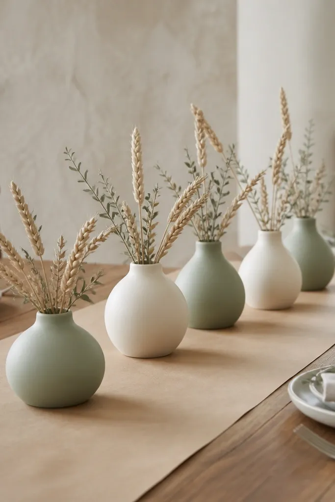 A dining table with a kraft paper strip runner. On top sit five small matte bud vases in sage and cream, arranged in a staggered line with dried wheat and tiny sage sprigs spilling slightly.
