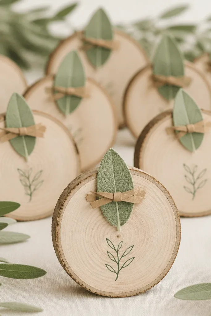 Round wood slices used as place cards, each with handwritten names in sage green ink. A tiny dried sage leaf is pressed at the top with a small kraft paper tie.