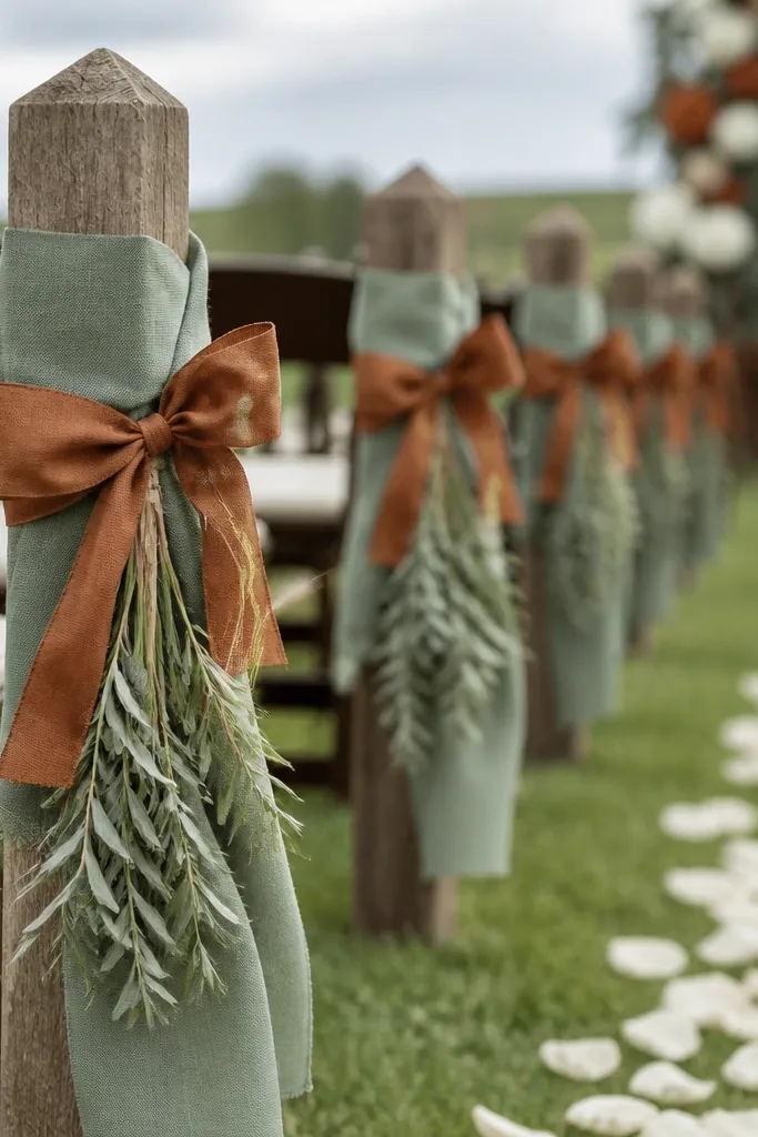 Small wooden stakes along the aisle, each wrapped with sage green linen ribbon and a rust-colored ribbon bow. Dried sage sprigs are tied at the base, with a few wheat stems tucked in.