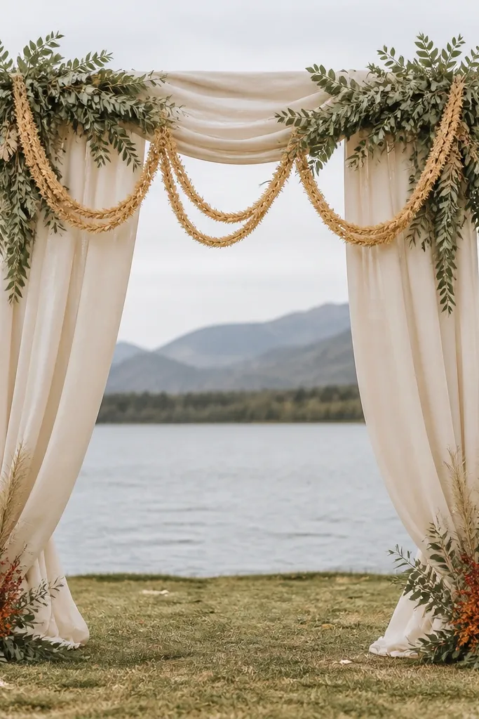 A ceremony arch covered in cream linen panels, with sage green greenery tucked at the top. Dried wheat garlands hang in soft loops, and small rust accents sit near the base.