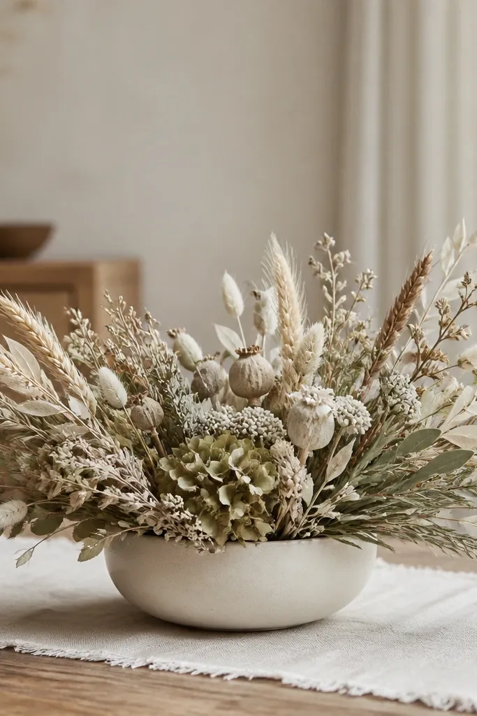 A low ceramic bowl in matte cream sits on a table runner, filled with dried sage-toned florals and wheat. The arrangement stays low and wide, with stems fanning outward.