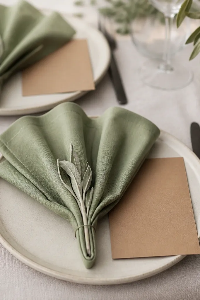 Sage green cloth napkins folded into a fan shape on cream plates. Each napkin has a small piece of dried sage tucked at the fold, with a kraft menu card beside it.