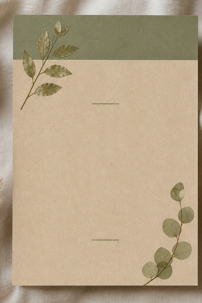 A kraft paper menu card with a sage green top band. Two corners show pressed leaves, and the text is typed in a clean dark font with a small sage line divider.