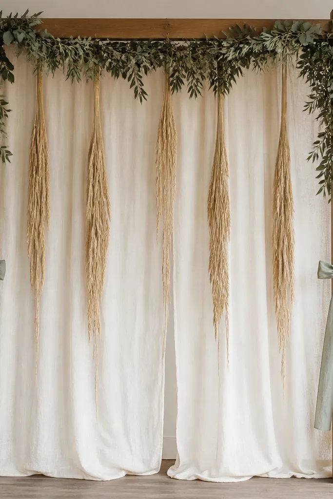 A photo backdrop made from a wooden frame with cream linen panels and sage greenery tucked at the top. Dried wheat stalks hang vertically, with small sage linen ties around the frame.