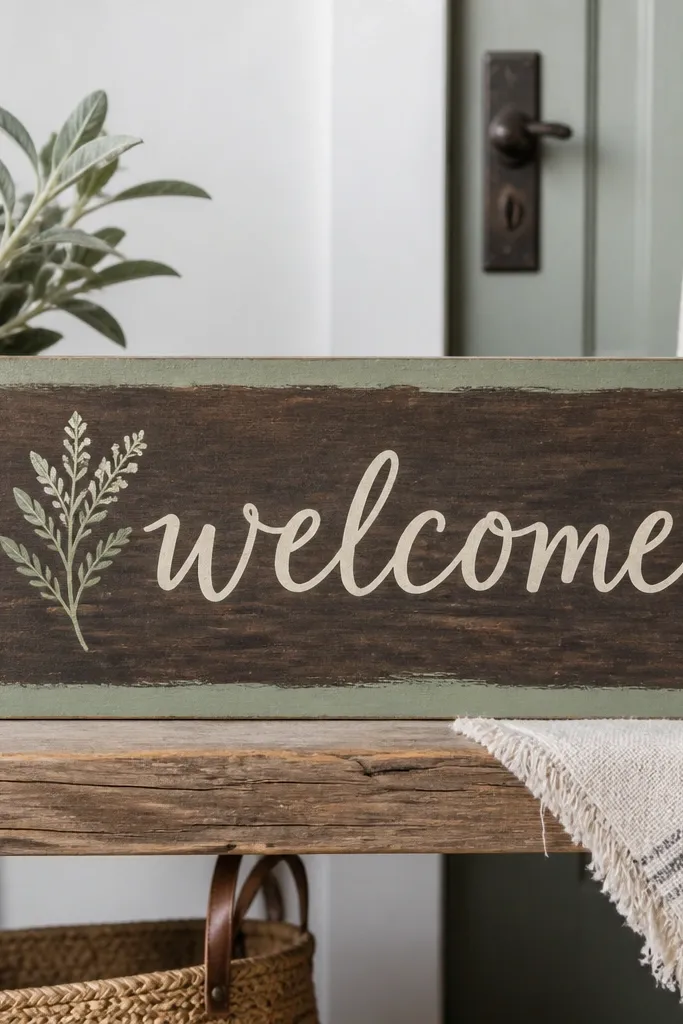 A reclaimed wood welcome sign with a dark brown board. The edges are painted sage green, and the words are hand-painted in cream with a small dried sage sprig illustration.