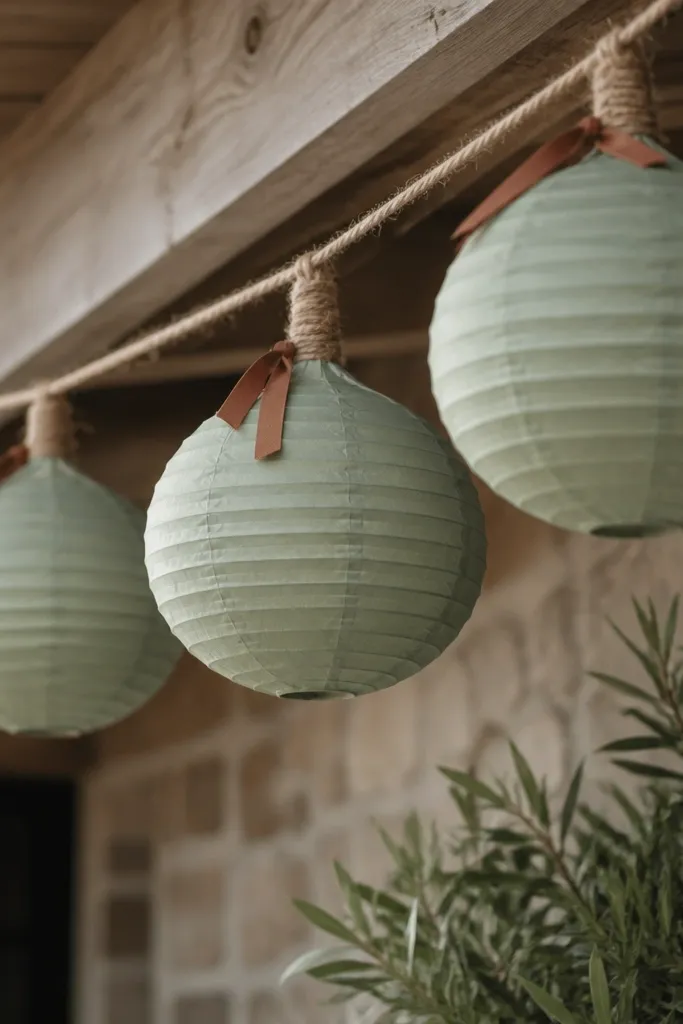 Paper lanterns in muted sage green hang from twine between beams. Some lanterns have small terracotta ribbons tied at the knot, with jute wrapped around the hanging points.